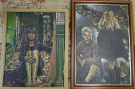 2 oil paintings - self portrait by Lesley Collins 67 cm x 82 cm & 'Children' by Mark Holmes