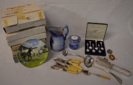 Various collectors plates, silver plated cutlery, jug,