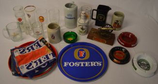 Breweriana including branded drinking glasses, Fosters tray, bar towels,