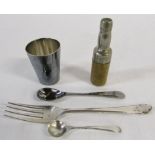 Miniature John Dewar & Son whisky bottle shaped corkscrew, small silver fork Sheffield hallmark,