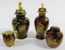 4 pieces of Carlton ware Rouge Royale 'New Mikado' pattern inc two lidded vases H 38 and 42 cm