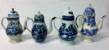 4 late 18th century blue & white coffee pots (all AF)