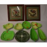 2 framed needlepoints and approx 8 ceramic leaf dishes including Beswick