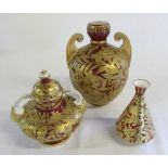 3 pieces of Royal Crown Derby red ground with gilt foliage