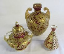 3 pieces of Royal Crown Derby red ground with gilt foliage