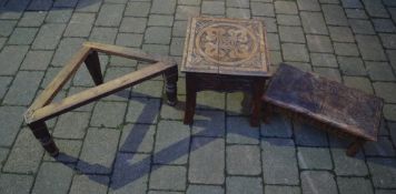 Carved footstool and side table & a triangular stand