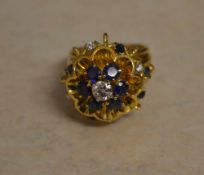 18ct gold diamond and sapphire set flower ring, total approx weight 13.