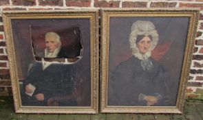 Pair of gilt framed oil on canvas portraits (af) 87 cm x 106 cm