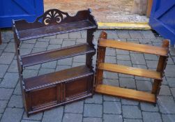 2 19th century wall shelves one with pierced fret work & cabinet