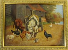 Oil on canvas of a farmyard scene signed C Proctor 1916 41 cm x 31 cm
