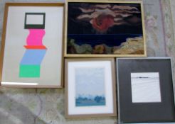Assorted paintings etc - Summer fields (screen print) by Michael Kirk, collage by John Boucher,