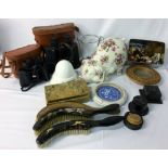 2 pairs of binoculars, large ceramic pig, miniature dolls,