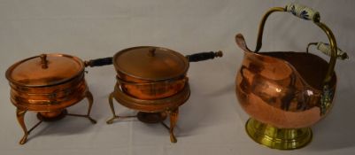 2 copper fondue pans and a brass and copper coal bucket