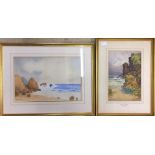 Watercolour of a seascape with beach & cliffs in the foreground entitled Guernsey Coast by Arthur