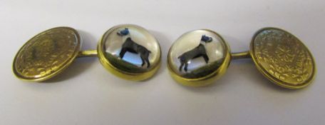 14ct gold reverse crystal intaglio cufflinks of a boxer dog