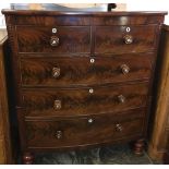 Victorian mahogany veneer bow fronted chest of drawers on turned legs H 126 cm, W 108 cm,