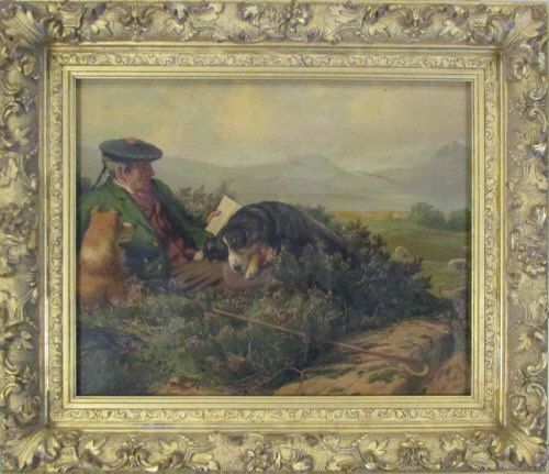 Oilograph of a shepherd and his dogs in ornate gilt frame 56 cm x 48 cm