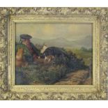 Oilograph of a shepherd and his dogs in ornate gilt frame 56 cm x 48 cm