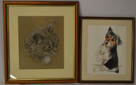Framed pastel drawing of a cat signed Chapman 92' and an acrylic drawing of a Yorkshire terrier