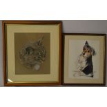 Framed pastel drawing of a cat signed Chapman 92' and an acrylic drawing of a Yorkshire terrier