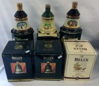 6 sealed Bell whisky boxed Christmas decanters years 1989,91,93,95,97,