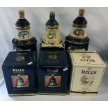 6 sealed Bell whisky boxed Christmas decanters years 1989,91,93,95,97,