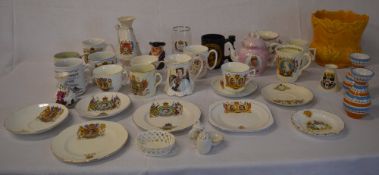 Various ceramics including commemorative cups, mugs,