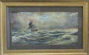 Watercolour of a ship in stormy sea by C F Rump 49 cm x 30 cm