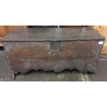Early 17th century oak six plank chest with moulded apron L94cm W37cm H47cm