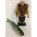 Painted Chinese peasant doll & an articulated fish