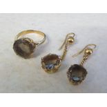 Tested as 15ct gold smokey quartz ring, size K/L and earrings total weight 10.