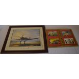Framed print 'Spitfire MK IX - Taking Off - June 1944' by Barry Price and two framed sets of risque