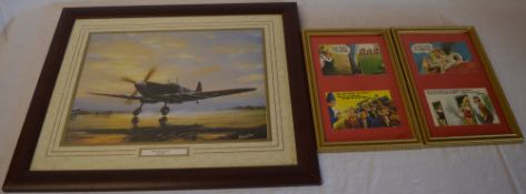 Framed print 'Spitfire MK IX - Taking Off - June 1944' by Barry Price and two framed sets of risque