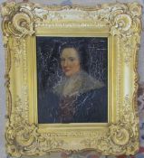 Oil on board of a young woman in an ornate gilt frame with Waymarks depository label to reverse 41
