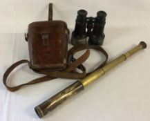 WWI military/Royal Flying Corps binoculars in leather case stamped B7011 & a 4 section brass pocket