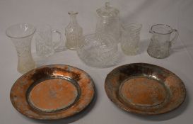 Various glassware and two large copper Islamic style plates