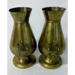 Pair of large brass vases with fleur de lis emblem & inset semi precious stones
