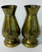 Pair of large brass vases with fleur de lis emblem & inset semi precious stones