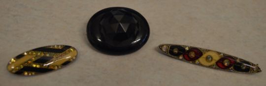 French jet style brooch and 2 costume brooches