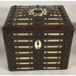 19th century tea caddy with stud work & bone/ivory strip decoration