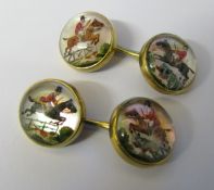 14ct gold reverse crystal intaglio cufflinks depicting fox hunting scenes