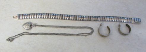 Silver bracelet, necklace and earrings total weight 1.