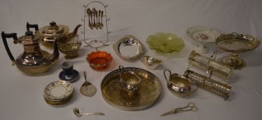 Various silver plate including teapot, coffee pot, tray,