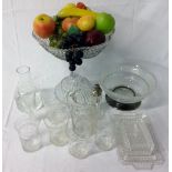 Glass centre piece with plastic fruit, bowl with silver plate rim, sugar shaker, carafe,