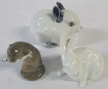 3 Royal Copenhagen figures - otter with fish 2333 and rabbit 1691 and 154