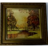 Framed watercolour of a wooded landscape with a river in the foreground signed H B Cross.