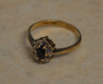 9ct gold diamond and sapphire ring, total weight approx 2g,