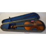 Cased violin with makers label 'A Becker' and two bows