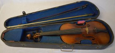 Cased violin with makers label 'A Becker' and two bows