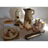 Hillstonia jug, 2 Sylvac terriers, Pyrene brass fire extinguisher etc (also includes a modern blind,